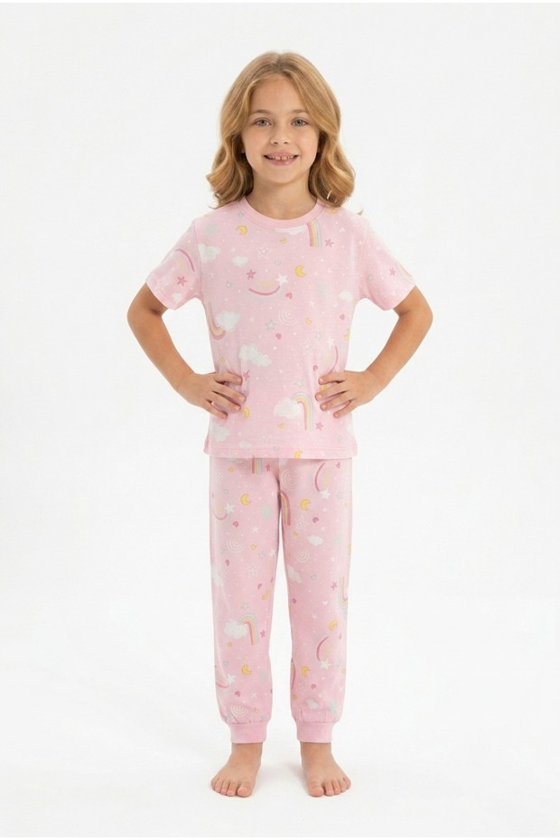Kız Çocuk Gökkuşağı Ve Yıldız Desenli %100 Pamuk Süprem Penye Kumaş Kısa Kollu Pijama Takımı