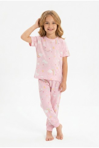 Kız Çocuk Gökkuşağı Ve Yıldız Desenli %100 Pamuk Süprem Penye Kumaş Kısa Kollu Pijama Takımı