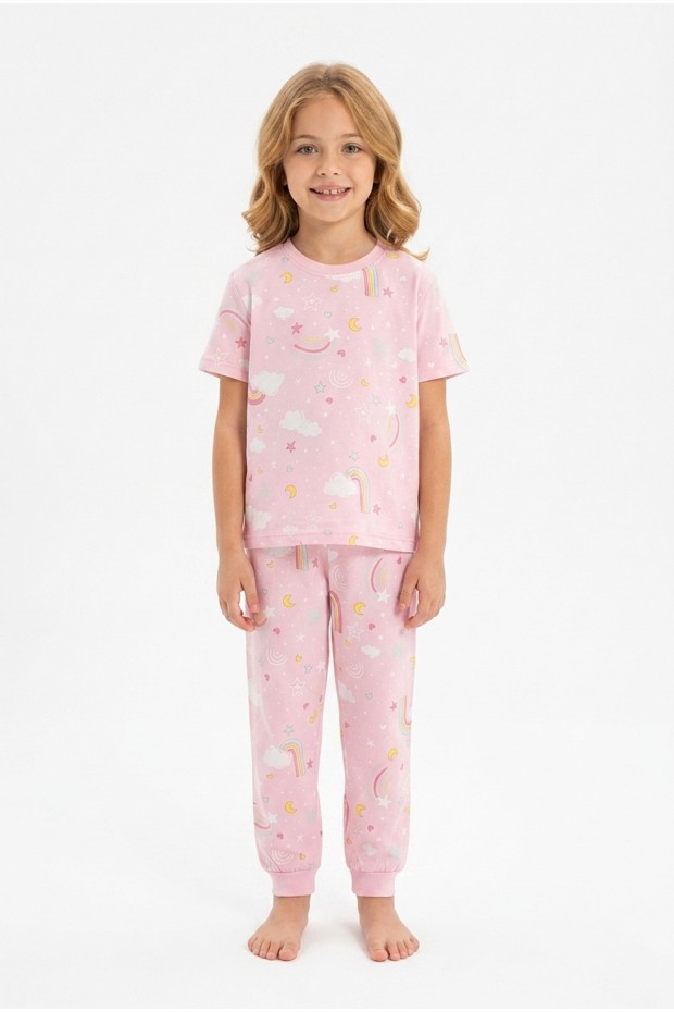 Kız Çocuk Gökkuşağı Ve Yıldız Desenli %100 Pamuk Süprem Penye Kumaş Kısa Kollu Pijama Takımı