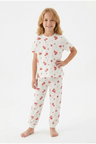 Kız Çocuk Çilek Desenli %100 Pamuk Süprem Kumaş Kısa Kollu Pijama Takımı