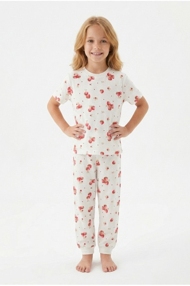 Kız Çocuk Çilek Desenli %100 Pamuk Süprem Kumaş Kısa Kollu Pijama Takımı