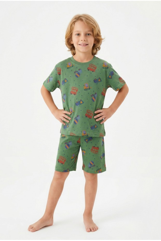 Erkek Çocuk Araba Desenli %100 Pamuk Süprem Kumaş Kısa Kollu Şortlu Pijama Takımı