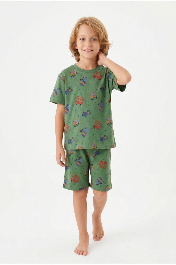 Erkek Çocuk Araba Desenli %100 Pamuk Süprem Kumaş Kısa Kollu Şortlu Pijama Takımı
