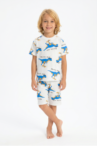 Erkek Çocuk Dinozor Desenli %100 Pamuk Süprem Kumaş Kısa Kollu Şortlu Pijama Takımı  