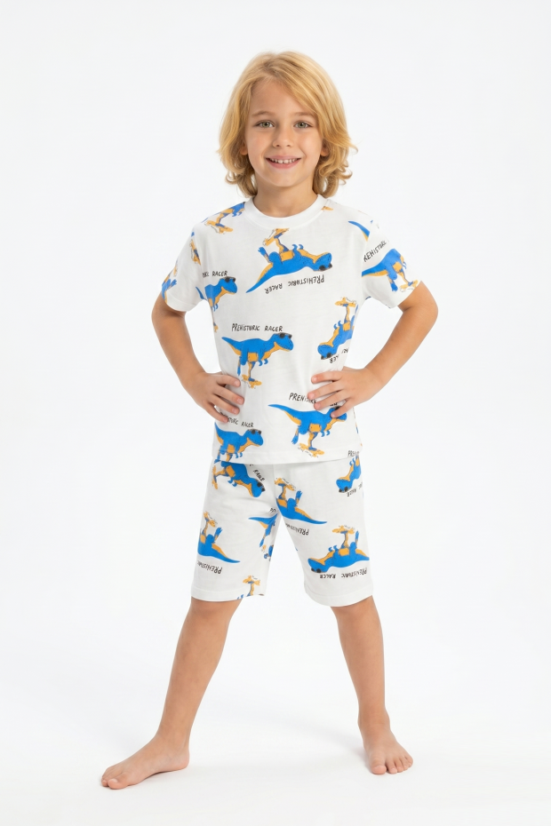 Erkek Çocuk Dinozor Desenli %100 Pamuk Süprem Kumaş Kısa Kollu Şortlu Pijama Takımı  