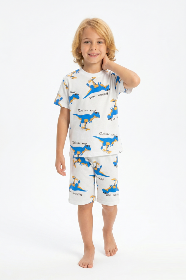 Erkek Çocuk Dinozor Desenli %100 Pamuk Süprem Kumaş Kısa Kollu Şortlu Pijama Takımı  