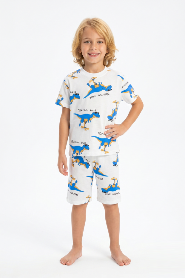 Erkek Çocuk Dinozor Desenli %100 Pamuk Süprem Kumaş Kısa Kollu Şortlu Pijama Takımı  