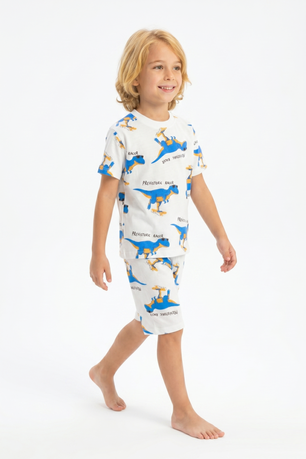 Erkek Çocuk Dinozor Desenli %100 Pamuk Süprem Kumaş Kısa Kollu Şortlu Pijama Takımı  