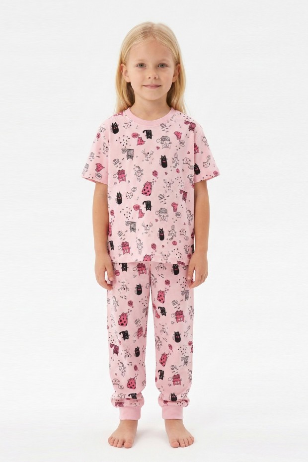 Kız Çocuk Kedi Desenl %100 Pamuk Reaktif Boyalı Süprem Kumaş Kısa Kollu Pijama Takımı
