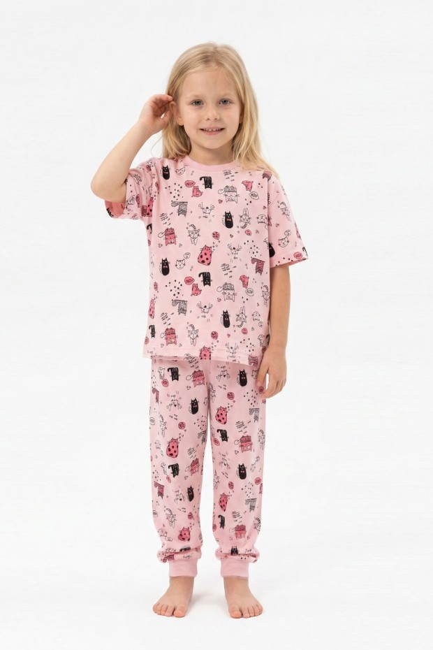 Kız Çocuk Kedi Desenl %100 Pamuk Reaktif Boyalı Süprem Kumaş Kısa Kollu Pijama Takımı