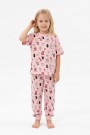 Kız Çocuk Kedi Desenl %100 Pamuk Reaktif Boyalı Süprem Kumaş Kısa Kollu Pijama Takımı