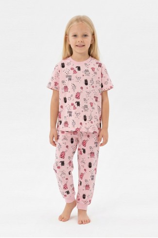 Kız Çocuk Kedi Desenl %100 Pamuk Reaktif Boyalı Süprem Kumaş Kısa Kollu Pijama Takımı