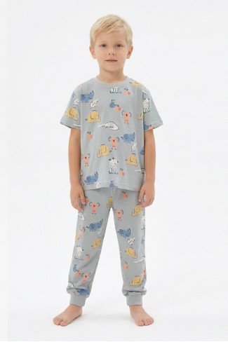 Erkek Çocuk Koala ve Fil Figürlü %100 Pamuk Reaktif Boyalı Süprem Kumaş Kısa Kollu Pijama Takımı