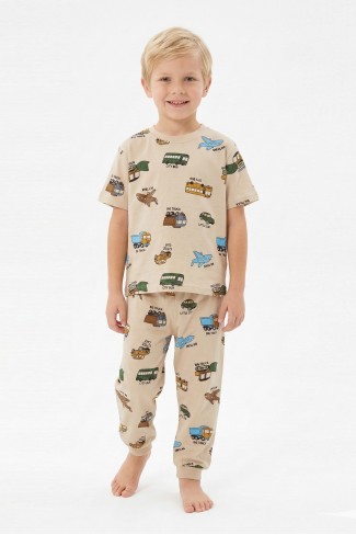 Erkek Çocuk Uçak ve Araba Desenli %100 Pamuk Reaktif Boyalı Süprem Kumaş Kısa Kollu Pijama Takımı