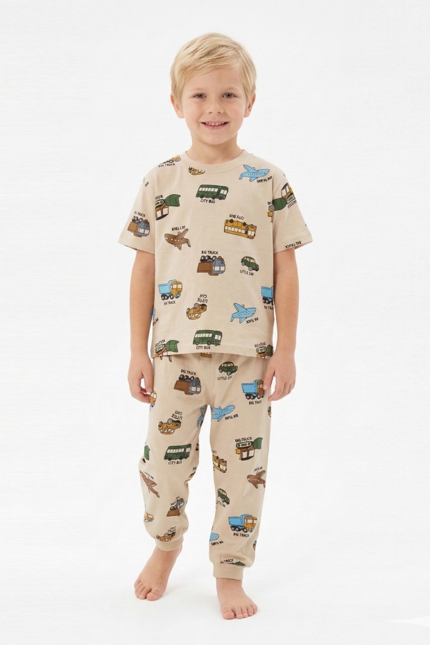 Erkek Çocuk Uçak ve Araba Desenli %100 Pamuk Reaktif Boyalı Süprem Kumaş Kısa Kollu Pijama Takımı