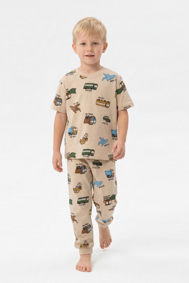 Erkek Çocuk Uçak ve Araba Desenli %100 Pamuk Reaktif Boyalı Süprem Kumaş Kısa Kollu Pijama Takımı