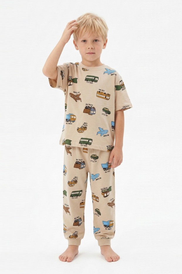 Erkek Çocuk Uçak ve Araba Desenli %100 Pamuk Reaktif Boyalı Süprem Kumaş Kısa Kollu Pijama Takımı