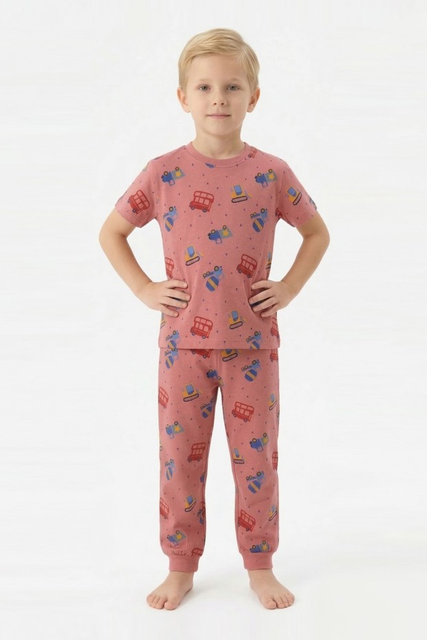 Erkek Çocuk İş Makineleri ve Araç Desenli %100 Pamuk Reaktif Boyalı Süprem Kumaş Kısa Kollu Pijama Takımı