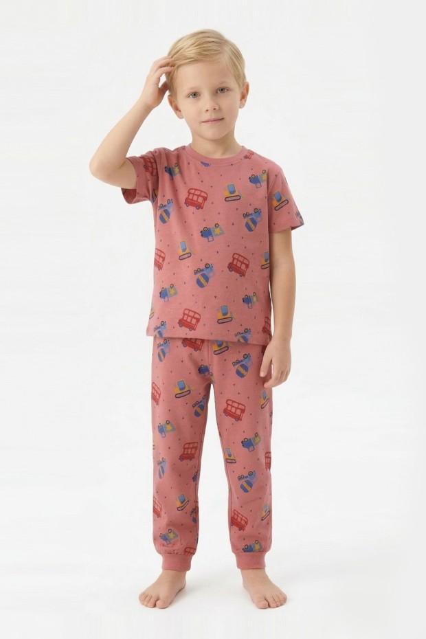 Erkek Çocuk İş Makineleri ve Araç Desenli %100 Pamuk Reaktif Boyalı Süprem Kumaş Kısa Kollu Pijama Takımı