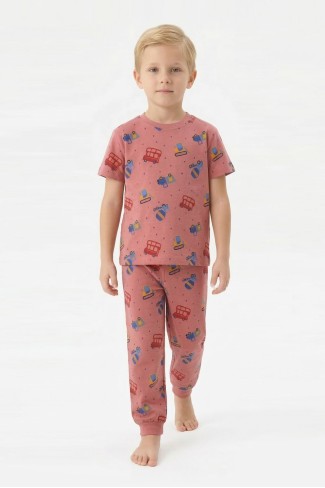 Erkek Çocuk İş Makineleri ve Araç Desenli %100 Pamuk Reaktif Boyalı Süprem Kumaş Kısa Kollu Pijama Takımı