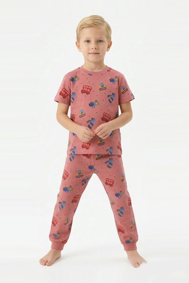 Erkek Çocuk İş Makineleri ve Araç Desenli %100 Pamuk Reaktif Boyalı Süprem Kumaş Kısa Kollu Pijama Takımı