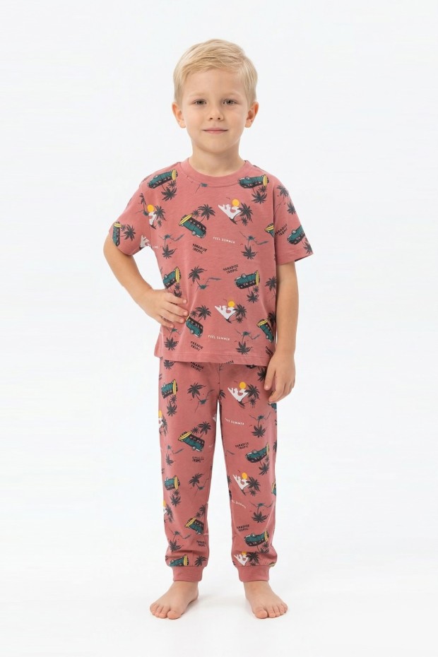 Erkek Çocuk Sörf Tahtalı Karavan ve Palmiye Desenli %100 Pamuk Reaktif Boyalı Süprem Kumaş Kısa Kollu Pijama Takımı