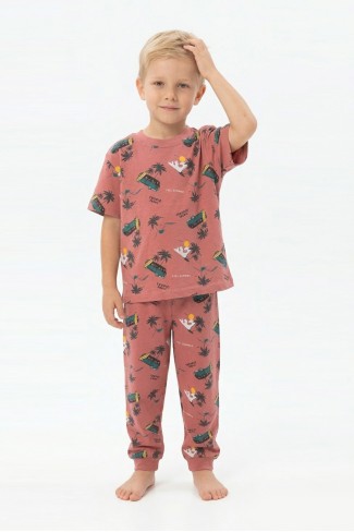 Erkek Çocuk Sörf Tahtalı Karavan ve Palmiye Desenli %100 Pamuk Reaktif Boyalı Süprem Kumaş Kısa Kollu Pijama Takımı