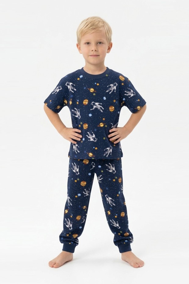 Erkek Çocuk Astronot ve Gezegen Uzay Desenli  %100 Pamuk Reaktif Boyalı Süprem Kumaş Kısa Kollu Pijama Takımı