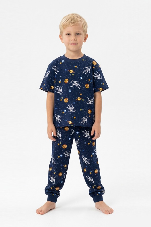 Erkek Çocuk Astronot ve Gezegen Uzay Desenli  %100 Pamuk Reaktif Boyalı Süprem Kumaş Kısa Kollu Pijama Takımı