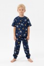 Erkek Çocuk Astronot ve Gezegen Uzay Desenli  %100 Pamuk Reaktif Boyalı Süprem Kumaş Kısa Kollu Pijama Takımı