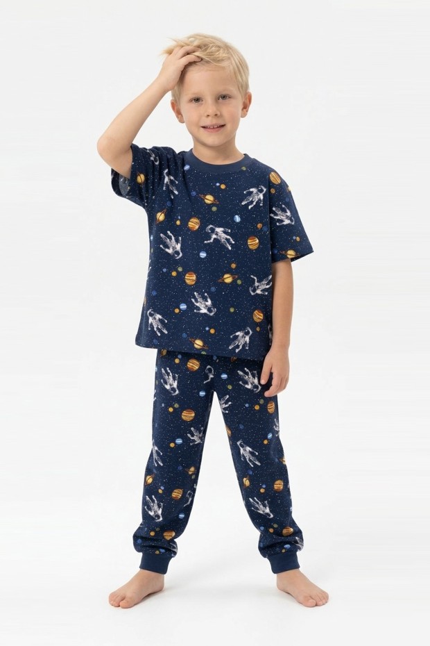 Erkek Çocuk Astronot ve Gezegen Uzay Desenli  %100 Pamuk Reaktif Boyalı Süprem Kumaş Kısa Kollu Pijama Takımı