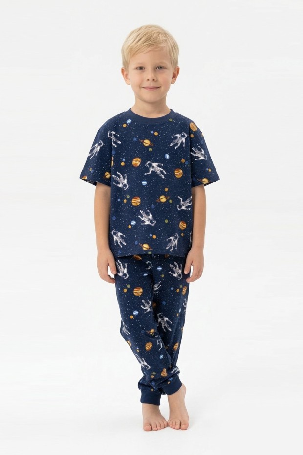 Erkek Çocuk Astronot ve Gezegen Uzay Desenli  %100 Pamuk Reaktif Boyalı Süprem Kumaş Kısa Kollu Pijama Takımı