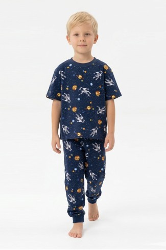 Erkek Çocuk Astronot ve Gezegen Uzay Desenli  %100 Pamuk Reaktif Boyalı Süprem Kumaş Kısa Kollu Pijama Takımı