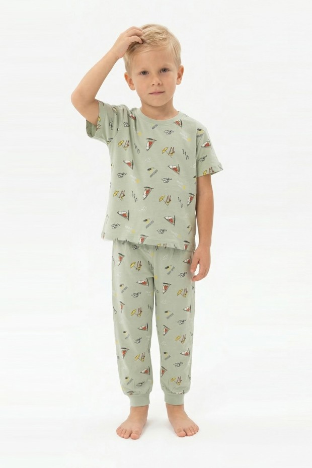 Erkek Çocuk Yelkenli Desenli %100 Pamuk Reaktif Boyalı Süprem Kumaş Kısa Kollu Pijama Takımı