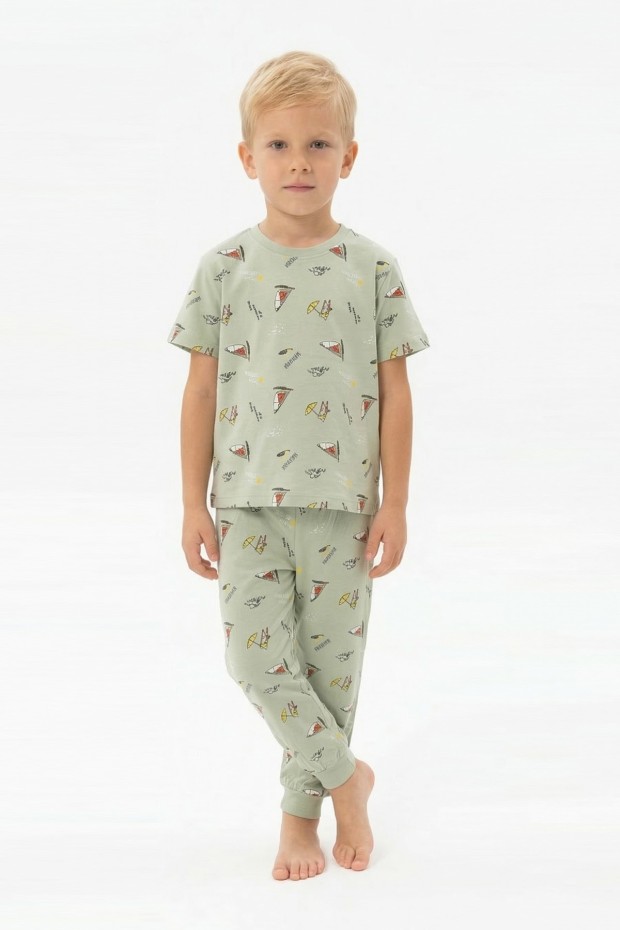 Erkek Çocuk Yelkenli Desenli %100 Pamuk Reaktif Boyalı Süprem Kumaş Kısa Kollu Pijama Takımı