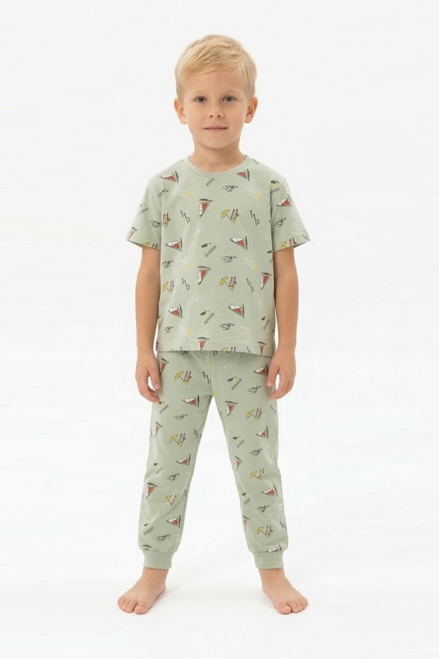 Erkek Çocuk Yelkenli Desenli %100 Pamuk Reaktif Boyalı Süprem Kumaş Kısa Kollu Pijama Takımı