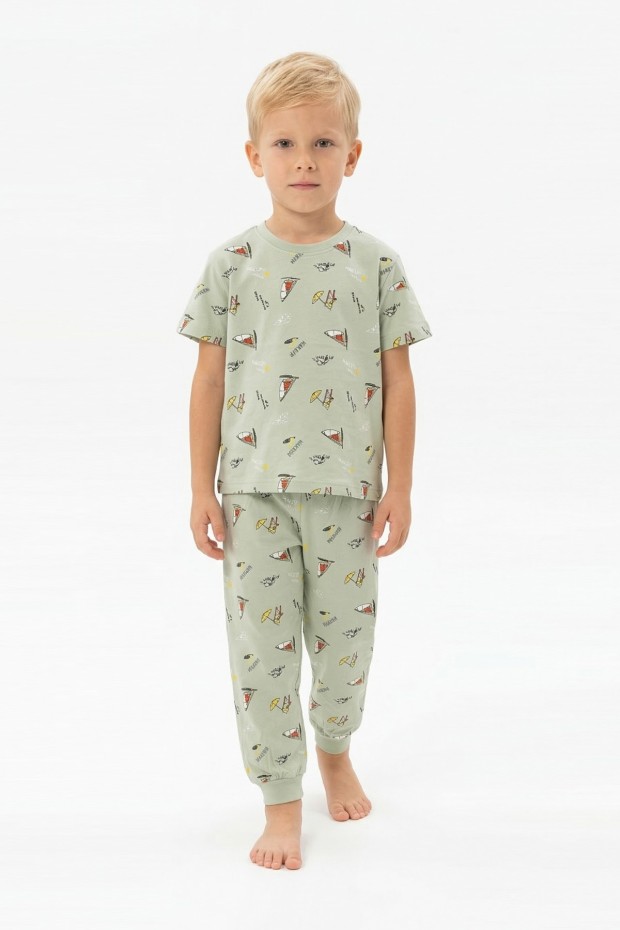 Erkek Çocuk Yelkenli Desenli %100 Pamuk Reaktif Boyalı Süprem Kumaş Kısa Kollu Pijama Takımı