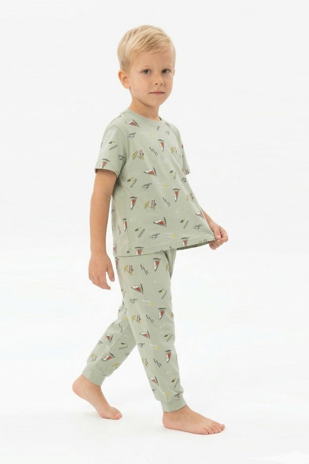 Erkek Çocuk Yelkenli Desenli %100 Pamuk Reaktif Boyalı Süprem Kumaş Kısa Kollu Pijama Takımı