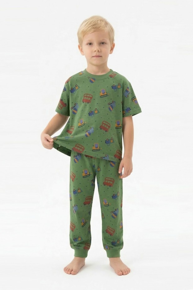 Erkek Çocuk İş Makineleri Desenli %100 Pamuk Reaktif Boyalı Süprem Kumaş Kısa Kollu Pijama Takımı 