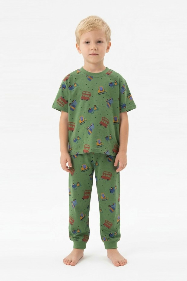 Erkek Çocuk İş Makineleri Desenli %100 Pamuk Reaktif Boyalı Süprem Kumaş Kısa Kollu Pijama Takımı 
