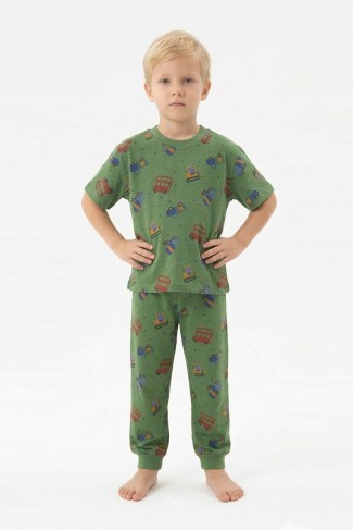 Erkek Çocuk İş Makineleri Desenli %100 Pamuk Reaktif Boyalı Süprem Kumaş Kısa Kollu Pijama Takımı 