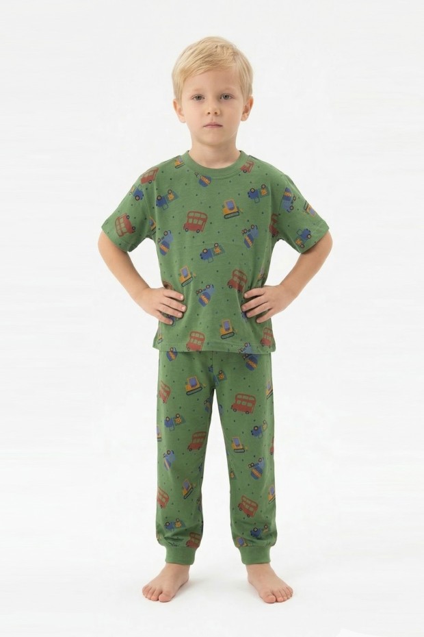 Erkek Çocuk İş Makineleri Desenli %100 Pamuk Reaktif Boyalı Süprem Kumaş Kısa Kollu Pijama Takımı 
