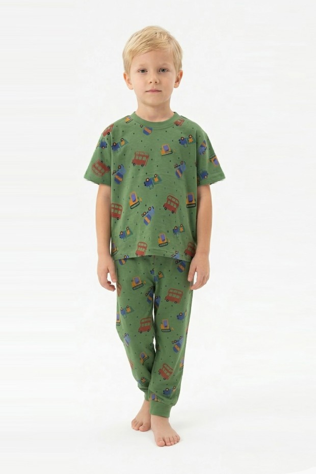 Erkek Çocuk İş Makineleri Desenli %100 Pamuk Reaktif Boyalı Süprem Kumaş Kısa Kollu Pijama Takımı 