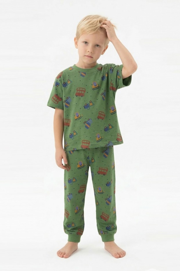 Erkek Çocuk İş Makineleri Desenli %100 Pamuk Reaktif Boyalı Süprem Kumaş Kısa Kollu Pijama Takımı 