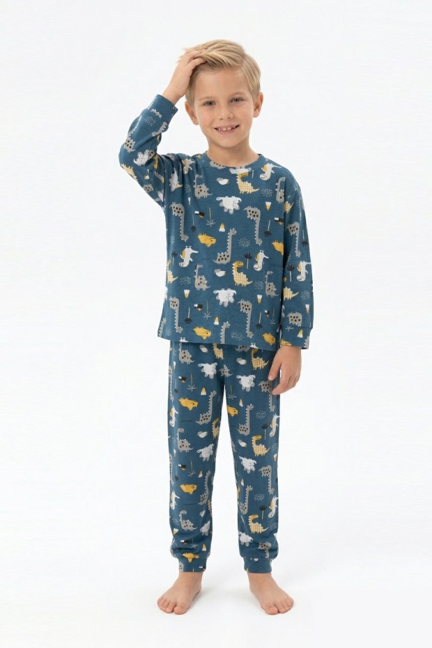 Erkek Çocuk Dinozor Desenli %100 Pamuk Reaktif Boyama İnterlok Kumaşş Uzun Kollu Pijama Takımı