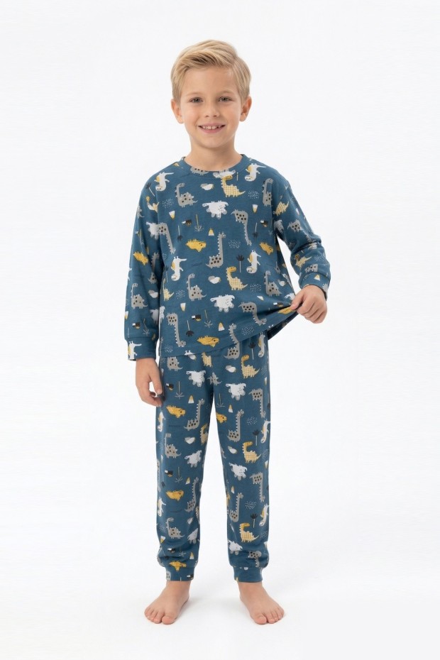 Erkek Çocuk Dinozor Desenli %100 Pamuk Reaktif Boyama İnterlok Kumaşş Uzun Kollu Pijama Takımı