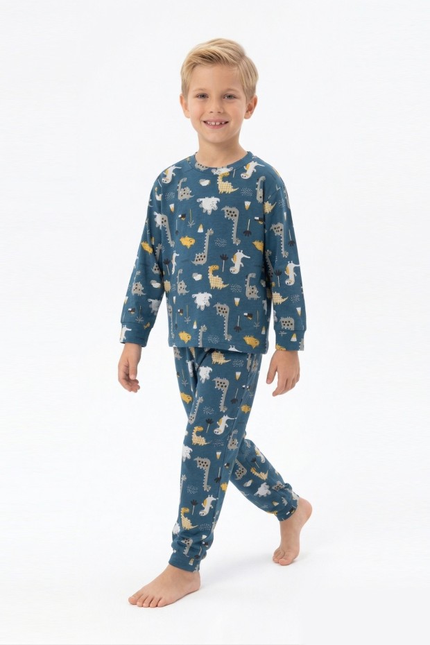 Erkek Çocuk Dinozor Desenli %100 Pamuk Reaktif Boyama İnterlok Kumaşş Uzun Kollu Pijama Takımı