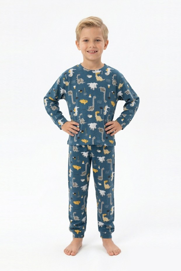 Erkek Çocuk Dinozor Desenli %100 Pamuk Reaktif Boyama İnterlok Kumaşş Uzun Kollu Pijama Takımı
