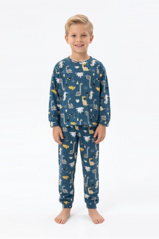Erkek Çocuk Dinozor Desenli %100 Pamuk Reaktif Boyama İnterlok Kumaşş Uzun Kollu Pijama Takımı