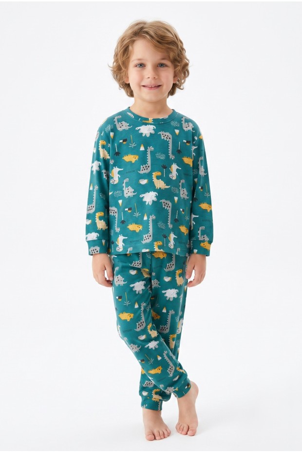 Erkek Çocuk Dinozor Desenli %100 Pamuk Reaktif Boyama İnterlok Kumaşş Uzun Kollu Pijama Takımı